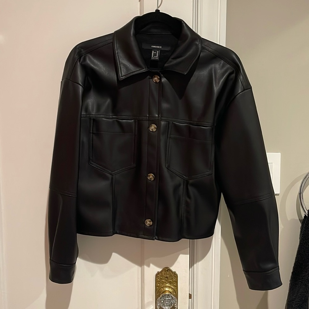 Faux leather shirt jacket